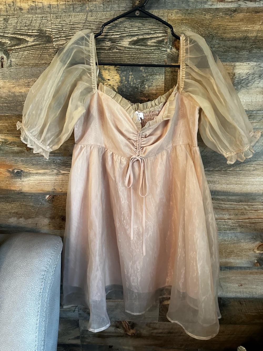Women’s Sheer Puff Sleeve taupe Dress with Ruched Bodice